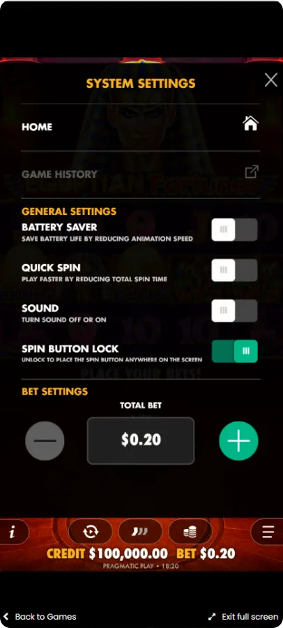 Egyptian Fortunes slot menu