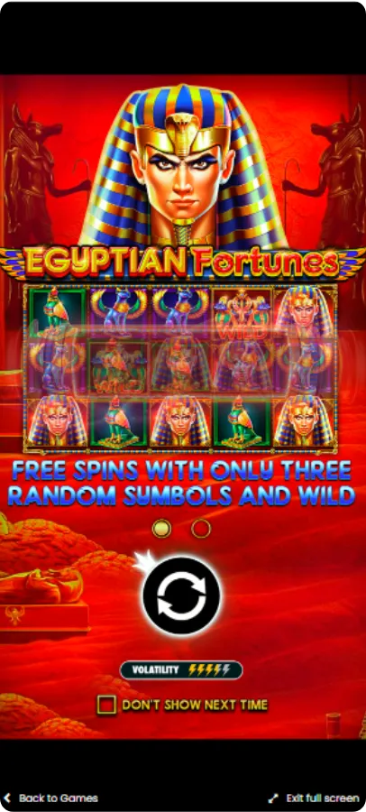 Main Game screen Egyptian Fortunes